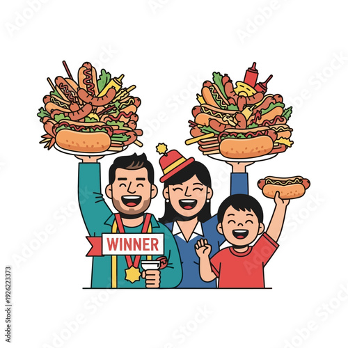 Happy Family Wins Hot Dog Eating Contest, Celebrating Victory with Delicious Food