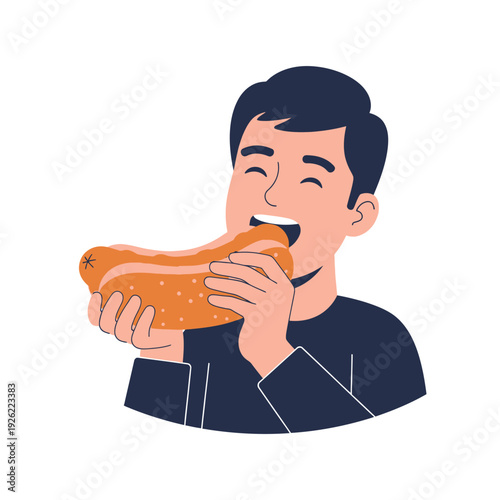 Happy Man Eating a Delicious Hot Dog, Fast Food Lover Enjoying a Meal