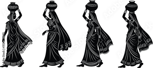 Traditional Indian women carrying water pots on heads and in hand, walking, black and white flat vector illustration, symbolizing daily life, culture and rural India. 