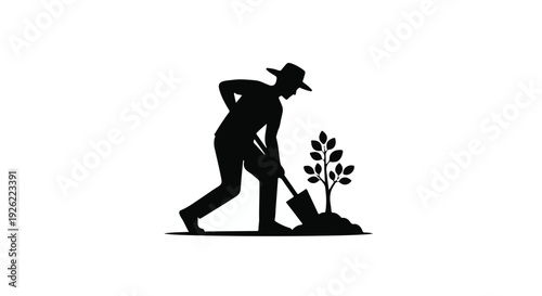 Silhouette of a gardener planting a small tree, symbolizing growth and nature