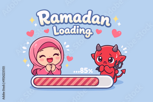 Cute cartoon illustration depicting a happy Muslim girl and a sad devil with a 'Ramadan Loading 85%' progress bar, symbolizing the approach of the holy month.