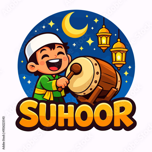 A cheerful cartoon boy in a kufi plays a drum under a crescent moon and stars, with lanterns and the word 'SUHOOR' for Ramadan.