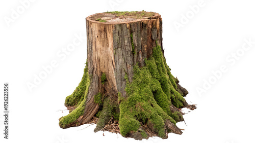 Tableau sur toile Tree stump covered with green moss  isolated on transparent background cut out