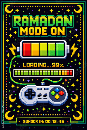 Pixel art illustration for Ramadan featuring a game controller, battery, and loading bar with countdown timer.