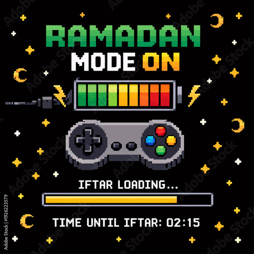 Pixel art design for Ramadan with a gaming theme, showing 'Ramadan Mode On', a battery, a game controller, and 'Iftar Loading' with a timer.
