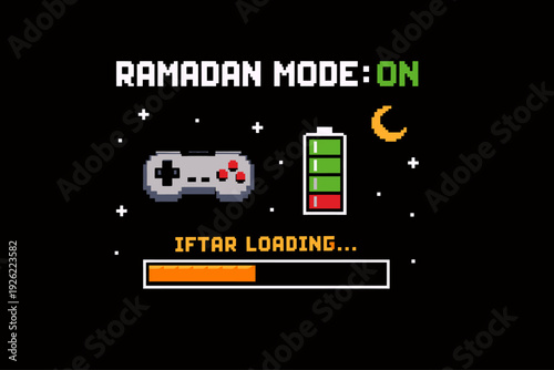 Pixel art graphic with 'RAMADAN MODE: ON', a game controller, full battery, and 'IFTAR LOADING...' progress bar, set against a starry night with a crescent moon.