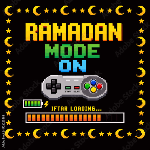 Pixel art graphic with 'RAMADAN MODE ON' text, a retro game controller, battery life, and 'IFTAR LOADING...' progress bar, framed by stars and crescent moons.