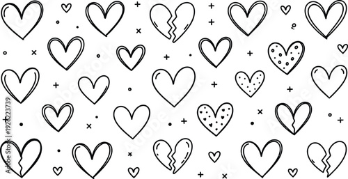 Love's Tapestry: A whimsical array of hand-drawn hearts and stars, each a unique symbol of love, connection, and the multifaceted nature of emotions. 