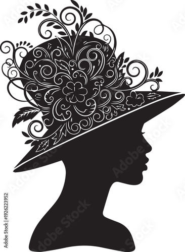 Elegant lady head profile silhouette vector illustration with floral hat decor line art