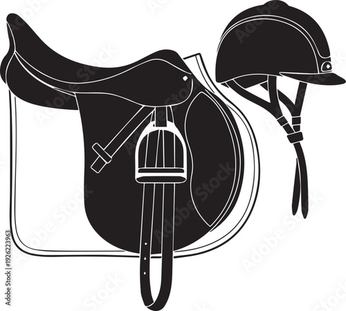 Equestrian saddle and helmet vector silhouette illustration line art on transparent