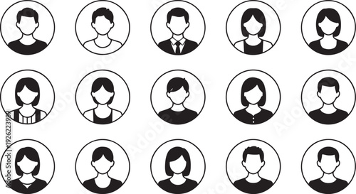 Collection of simple black and white outline avatar icons representing diverse male and female individuals within circular frames