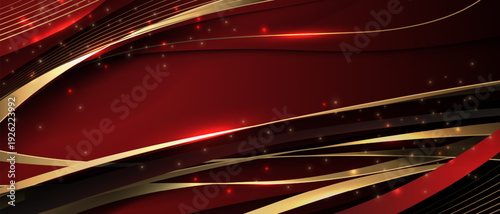 Abstract red luxury background with golden ribbon glitter elements and decoration design modern vector