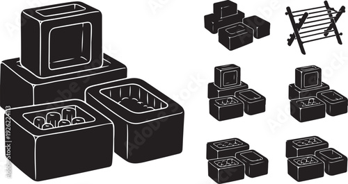 Black and white illustration of various boxes and containers stacked