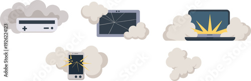 Broken electronics icons, damaged devices, cracked screen, shattered smartphone, malfunction laptop, gaming console, tablet repair, tech failure, warranty service, digital safety, vector illustration
