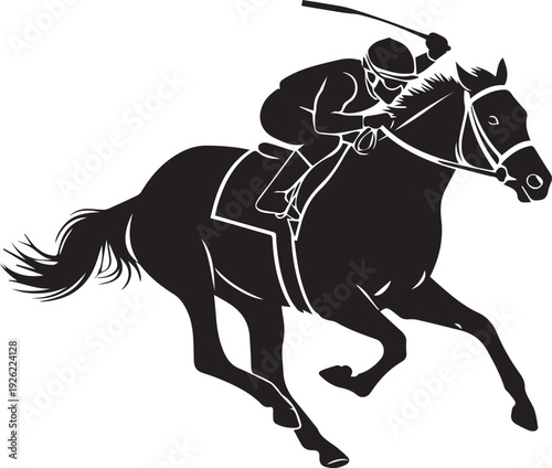 Jockey riding horse vector silhouette illustration line art on transparent background