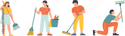 Cleaning worker illustrations, janitorial tasks, broom sweeping, rake tool, bucket supplies, household chores, teamwork, hygiene, sanitation, floor cleaning, vector design, maintenance icons