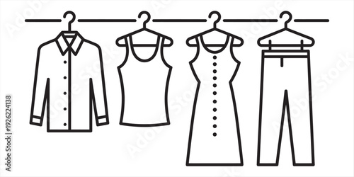 Line art illustration of various clothing items hanging on a garment rack in a row Vector, illustration