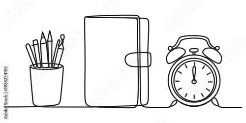 Continuous line drawing of a notebook, alarm clock, and pen holder for office productivity. Vector, illustration