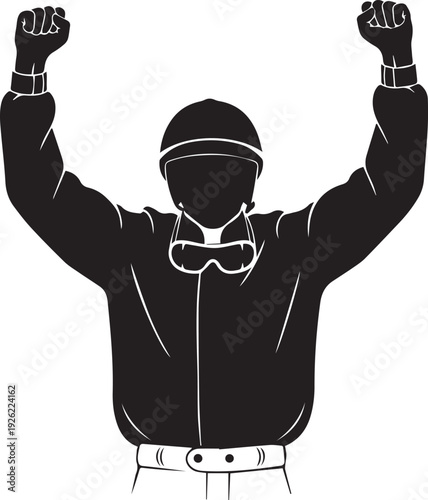 Jockey winner vector silhouette illustration. horse rider in triumph pose line art