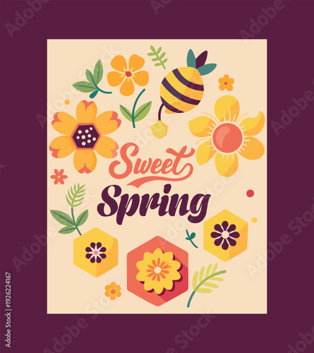 A cheerful and colorful "sweet spring" illustration featuring a bee, various yellow flowers, and honeycomb patterns