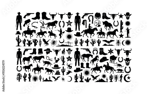 Extensive Silhouette Collection of Cowboy and Western Themed Icons graphic