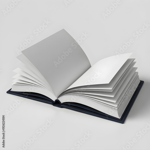Open book with blank pages on a white surface