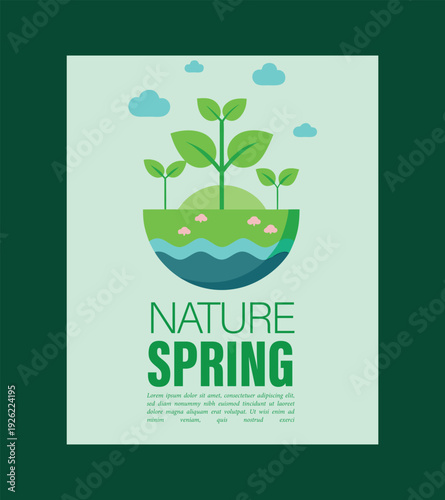 A vibrant and minimalist illustration celebrating nature and spring with a central plant growing on a floating island