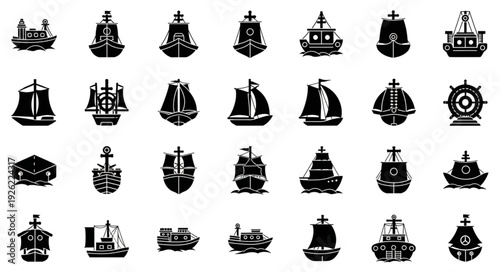Collection of various black and white ship illustrations, perfect for design projects.