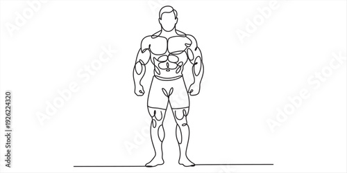 Continuous line drawing of a muscular bodybuilder standing in a powerful pose on white background. Vector, illustration