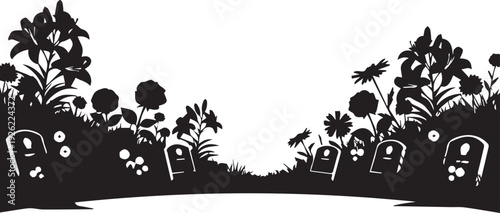 Cemetery landscape silhouette vector illustration with graves and lilies garden scene art