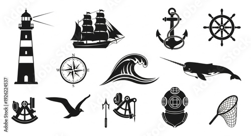 Nautical themed collection of various maritime symbols and elements.