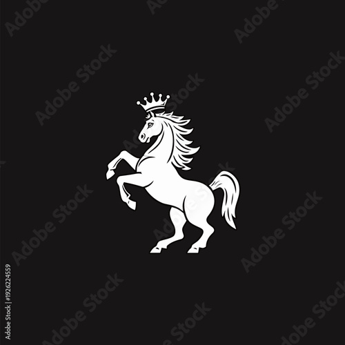 A unicorn stands on its hind legs with a crown on its head. The background is solid black, highlighting the figure.