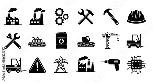 Industrial Icons Set Depicting Manufacturing and Construction Equipment.