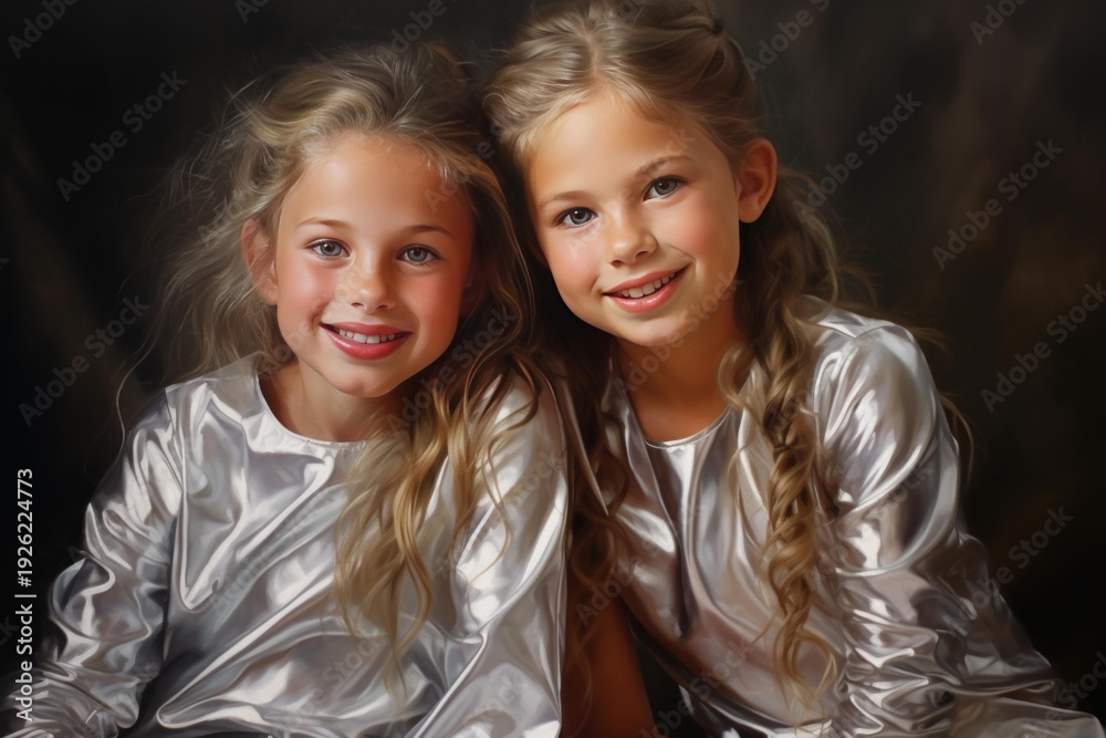 Fototapeta premium Two young twin sisters are smiling, looking directly at the viewer with happiness