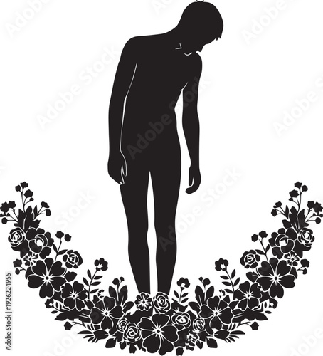 Silhouette of boy with flowers vector illustration line art