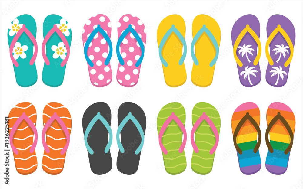 Fototapeta premium Collection of Colorful Flip Flops Arranged in Rows