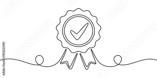 Continuous line drawing of a quality seal award ribbon icon with a checkmark symbol isolated on white background, Vector, illustration