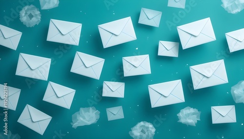 Floating Envelopes on Teal Background Symbolizing Digital Communication and Modern Business Email Messaging