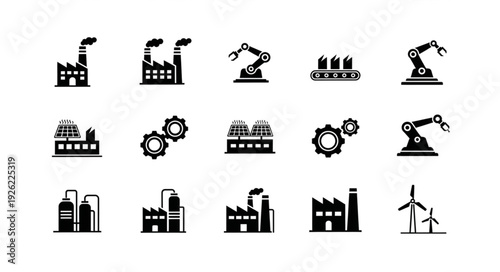 Industrial factory icons set representing manufacturing and automation processes.
