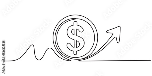 Continuous line drawing of a dollar coin with an arrow indicating financial growth and success isolated on white background, Vector, illustration