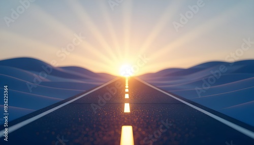 Road in the desert at sunset, 3d rendering. Computer digital drawing.