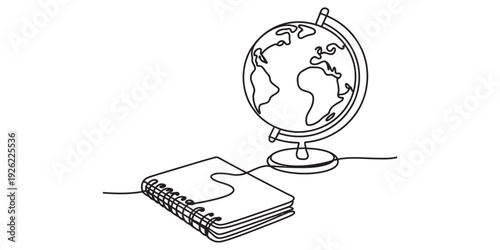Continuous one line drawing of a spiral notebook and a world globe on a white background. isolated on white background, Vector, illustration