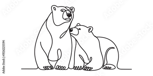 Continuous line drawing of a mother polar bear and her cub in a minimalist style isolated on white background, Vector, illustration