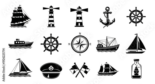 Collection of nautical themed illustrations featuring ships, anchors, and navigational elements.