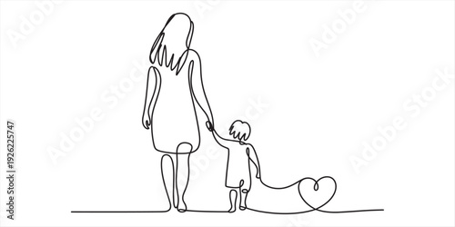 Minimalist one line art illustration of a mother and her child walking together with love isolated on white background, Vector, illustration