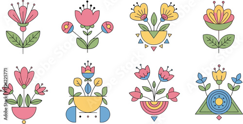 Vibrant flower illustrations in various pots and arrangements