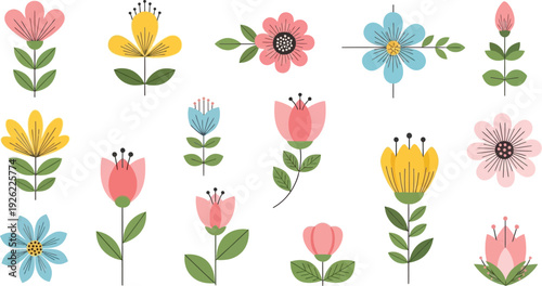 Vibrant floral pattern with diverse colorful flowers and leaves on white background