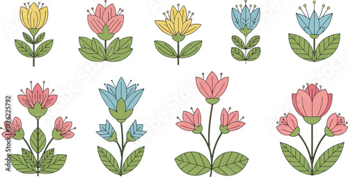 Colorful illustration of various blooming flowers in pink yellow blue and green hues