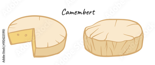 flat vector illustration of a whole and sliced Camembert cheese wheel in warm creamy tones with clean outlines for menus, packaging, food blogs, recipe cards, icons.