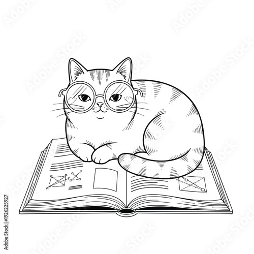 A cute scholarly cartoon cat with round glasses resting on an open book.